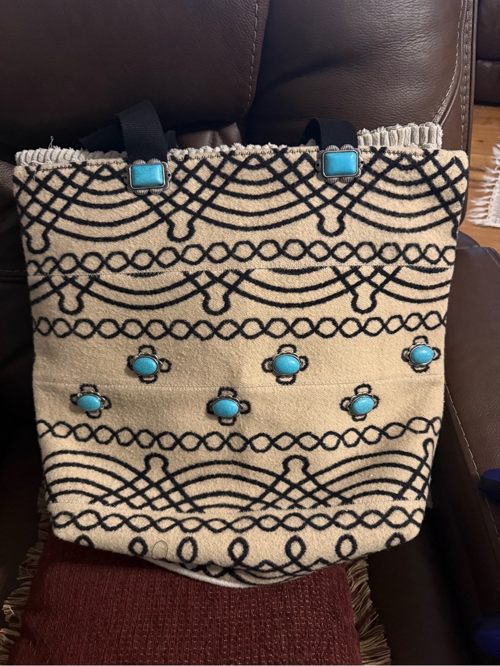 Source Unknown Cream Tote with Black Pattern and Turquoise Accents